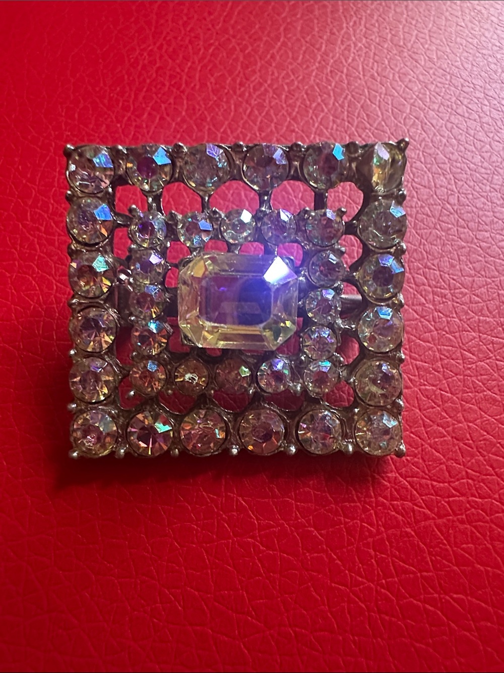 Square Rhinestone Brooch with Central Emerald-Cut Crystal - Clear